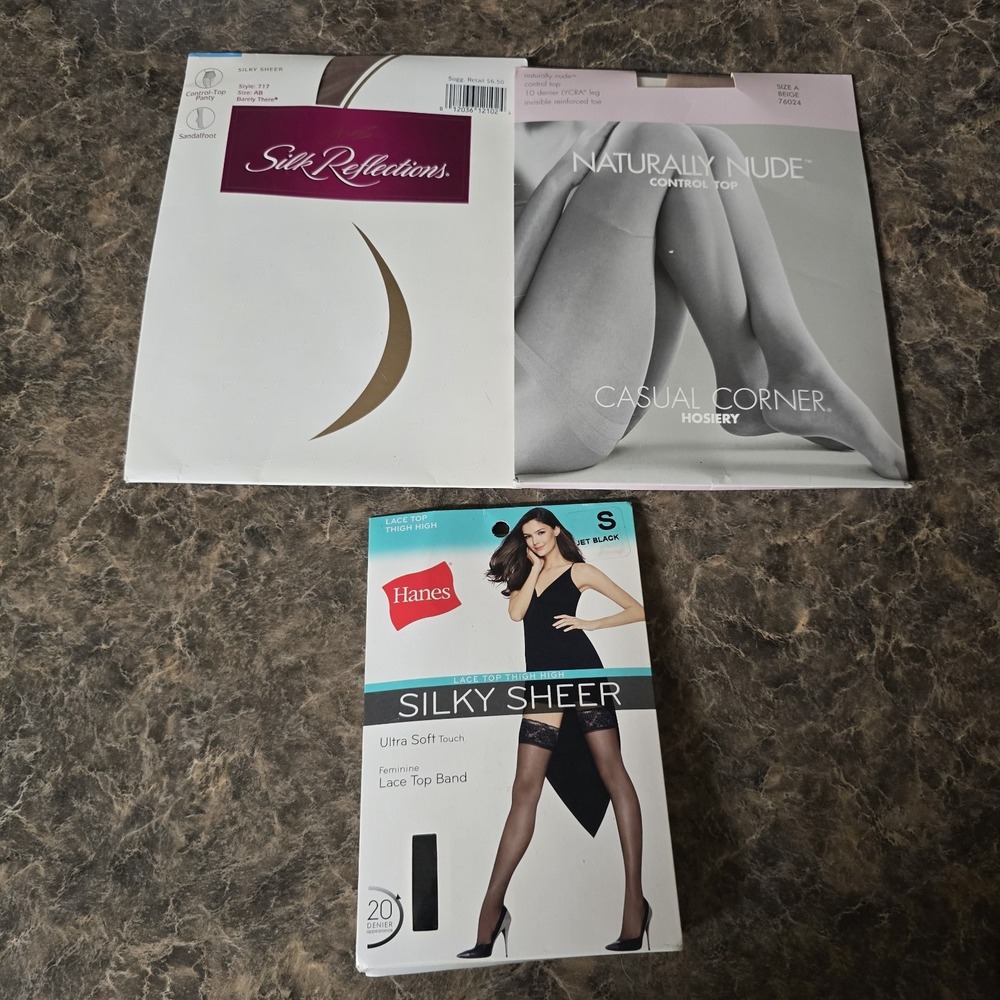 Vintage Hosiery Lot 3 Hanes Silk Reflections Casual Corner Pantyhose Thigh Highs